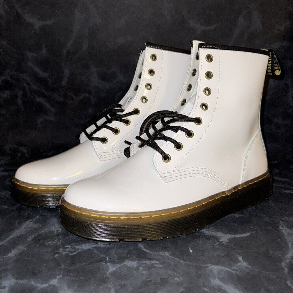 Dr. Martens Zavala Combat Patent Lace Up Combat Shinny White Boots Women Size 10
